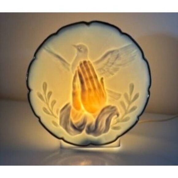 Vtg Ceramic Praying Hands Dove‎ Night Light Electric Corded Religious - Picture 1 of 9